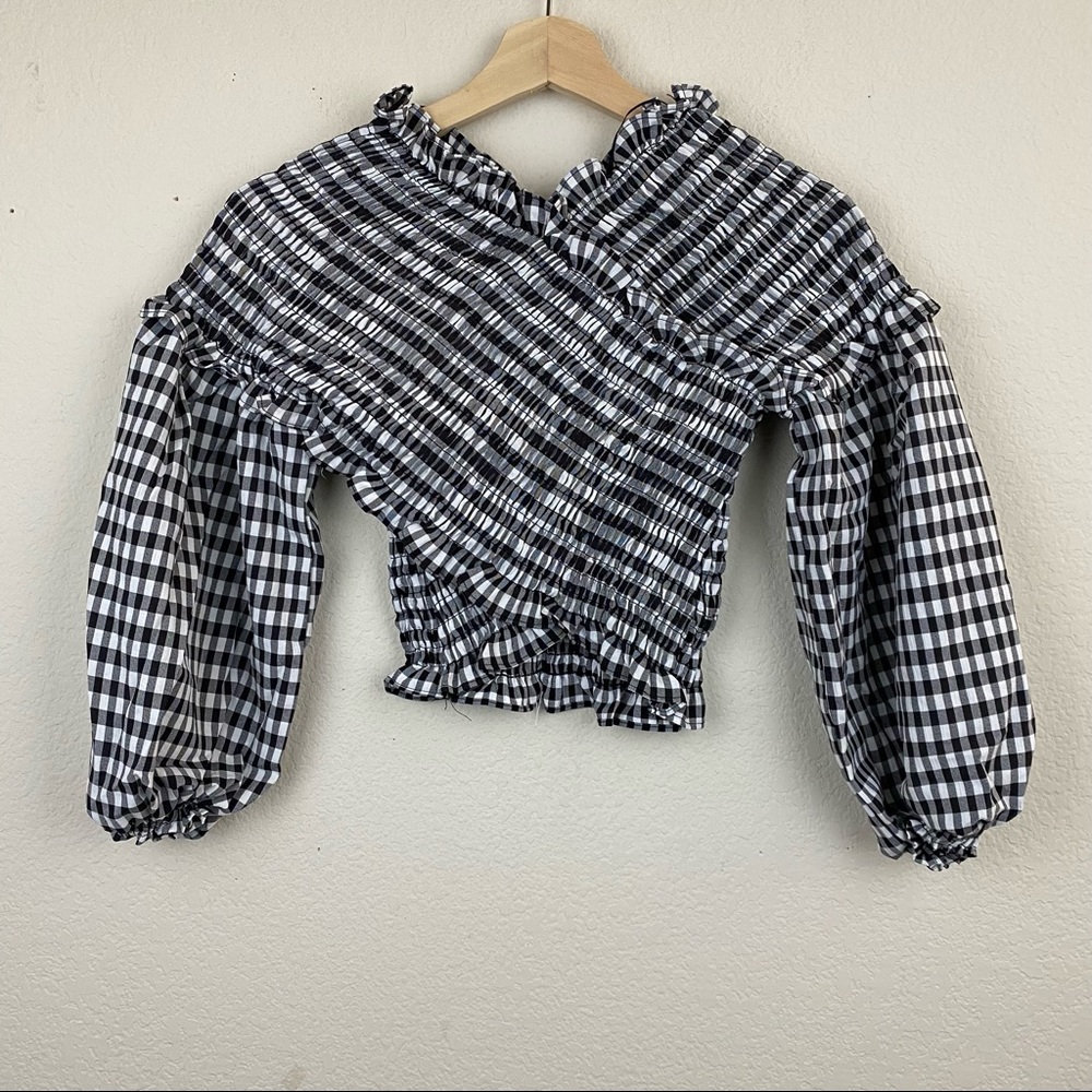 YT & UR Black White Gingham XS Smocked Crop Top Ballon Puff Sleeve Strap F82